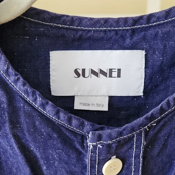 Sunnei Su Long Pocket Shirt Chambray Drk Blue Contrast Stitch Oversize XS Unisex - Picture 2 of 6